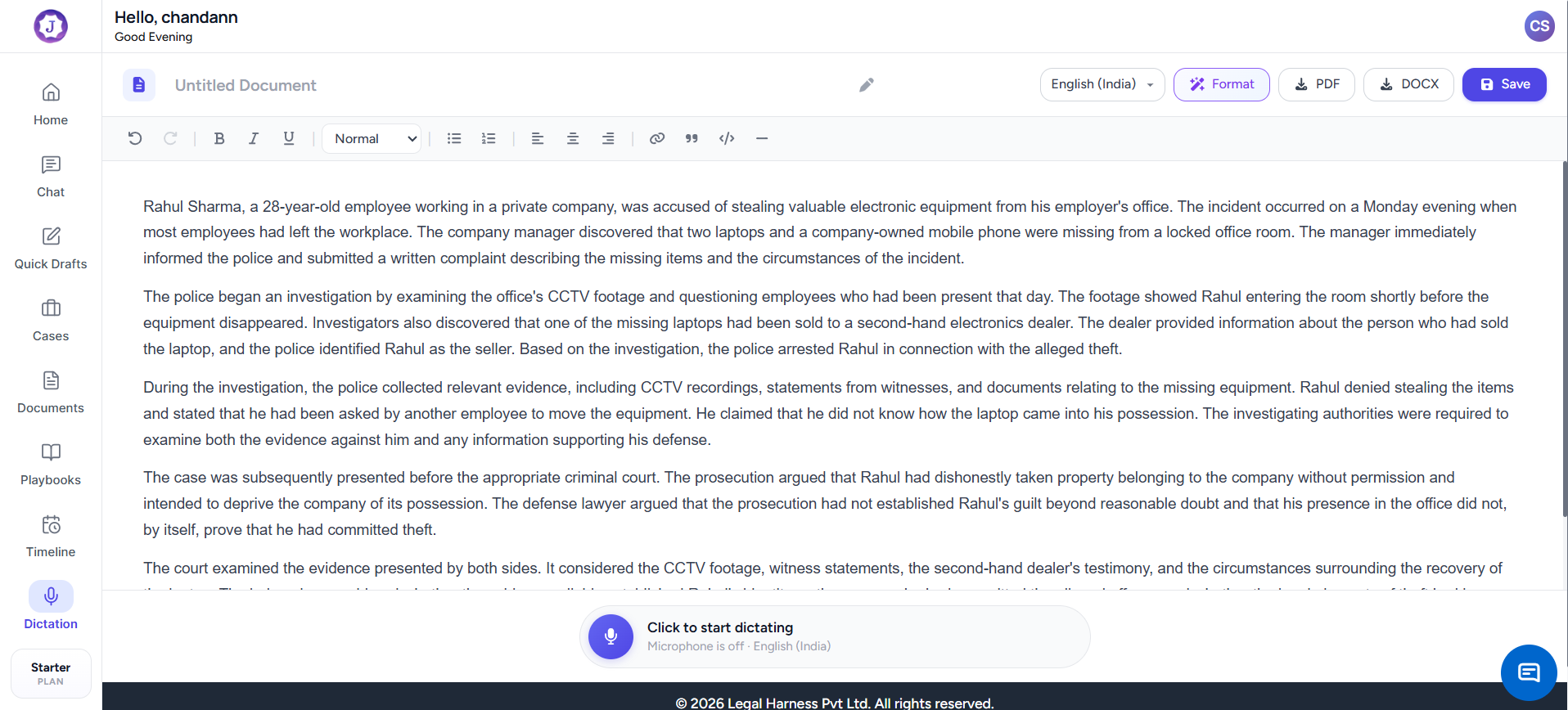 Juniorlawyer document editor with voice dictation controls