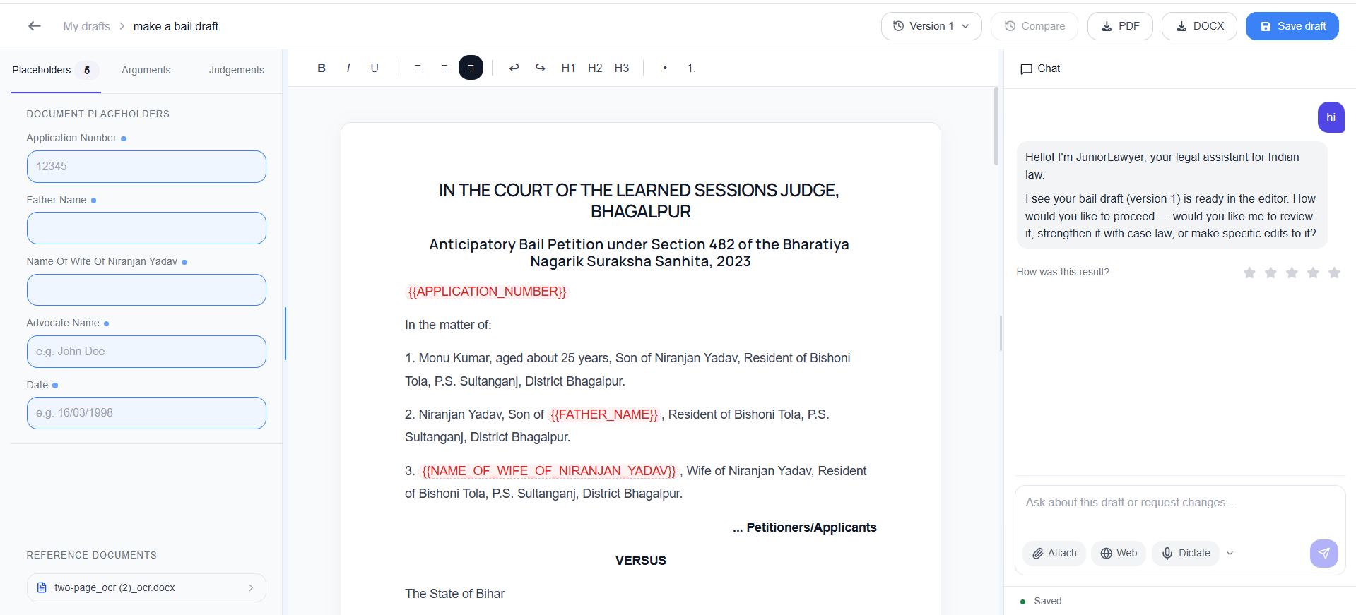 Quick Draft editor with matter fields, document editor and legal chat